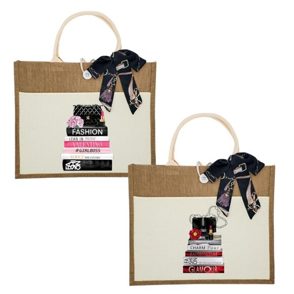 Custom Canvas Tote Bag, Large Size - Fashion Books Theme, Cream Tote - Picture 1 of 15